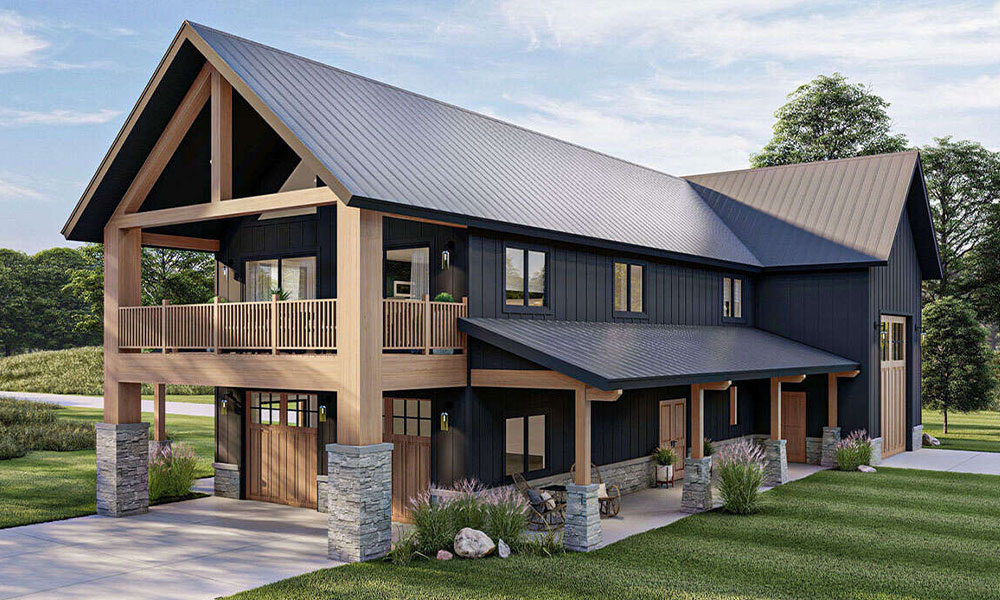 Modern barndominium exterior built by Wolf River Construction, showcasing a stylish and durable design with energy-efficient features.