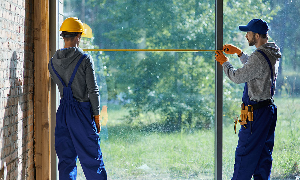 Construction workers measuring for window installation by Wolf River Construction, showcasing precise workmanship and energy-efficient, high-quality window solutions. Construction workers measuring for window installation by Wolf River Construction, ensuring precision and energy efficiency.