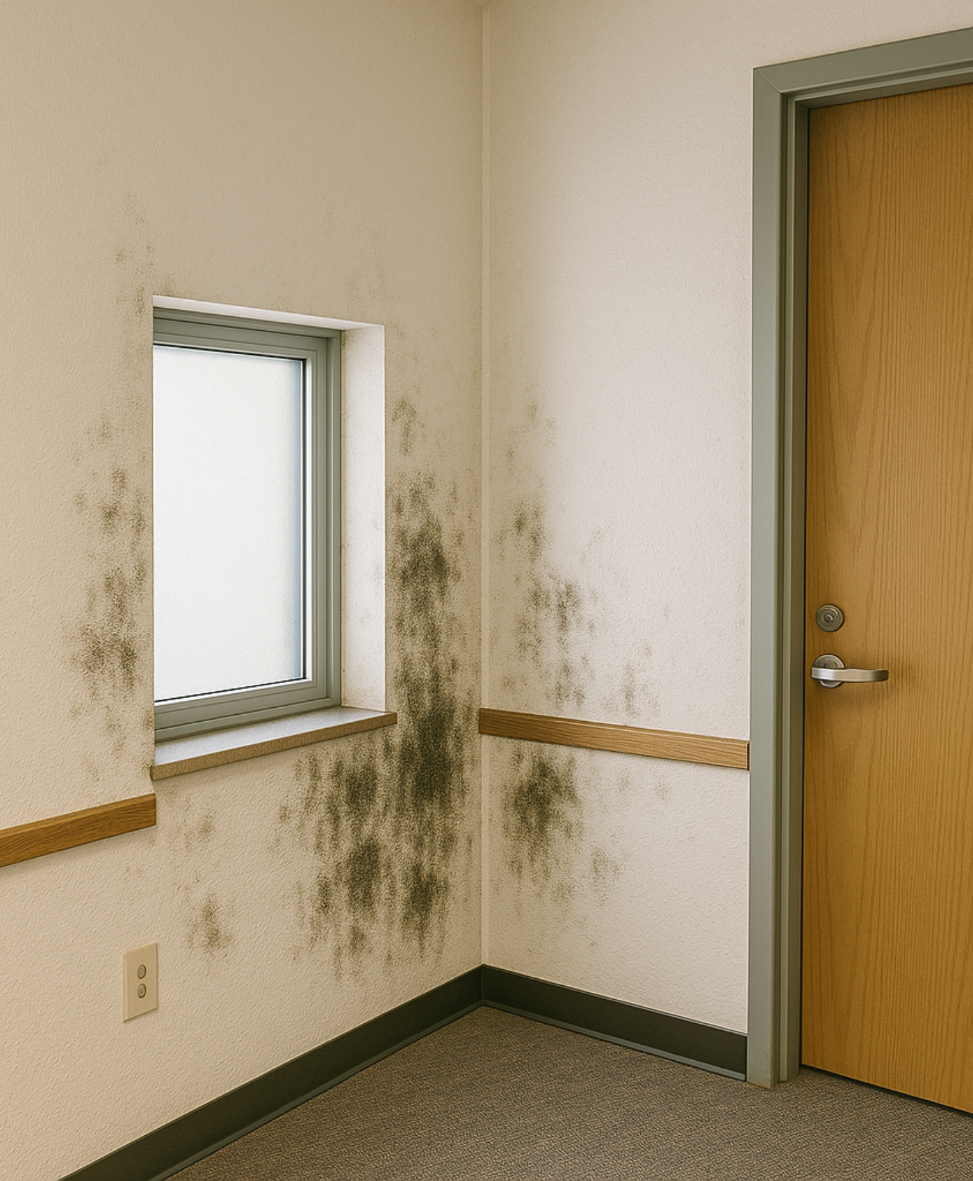 Commercial interior wall with visible mold damage, representing the need for fast, reliable mold remediation and restoration services from Wolf River Construction. Mold growth on wall near window