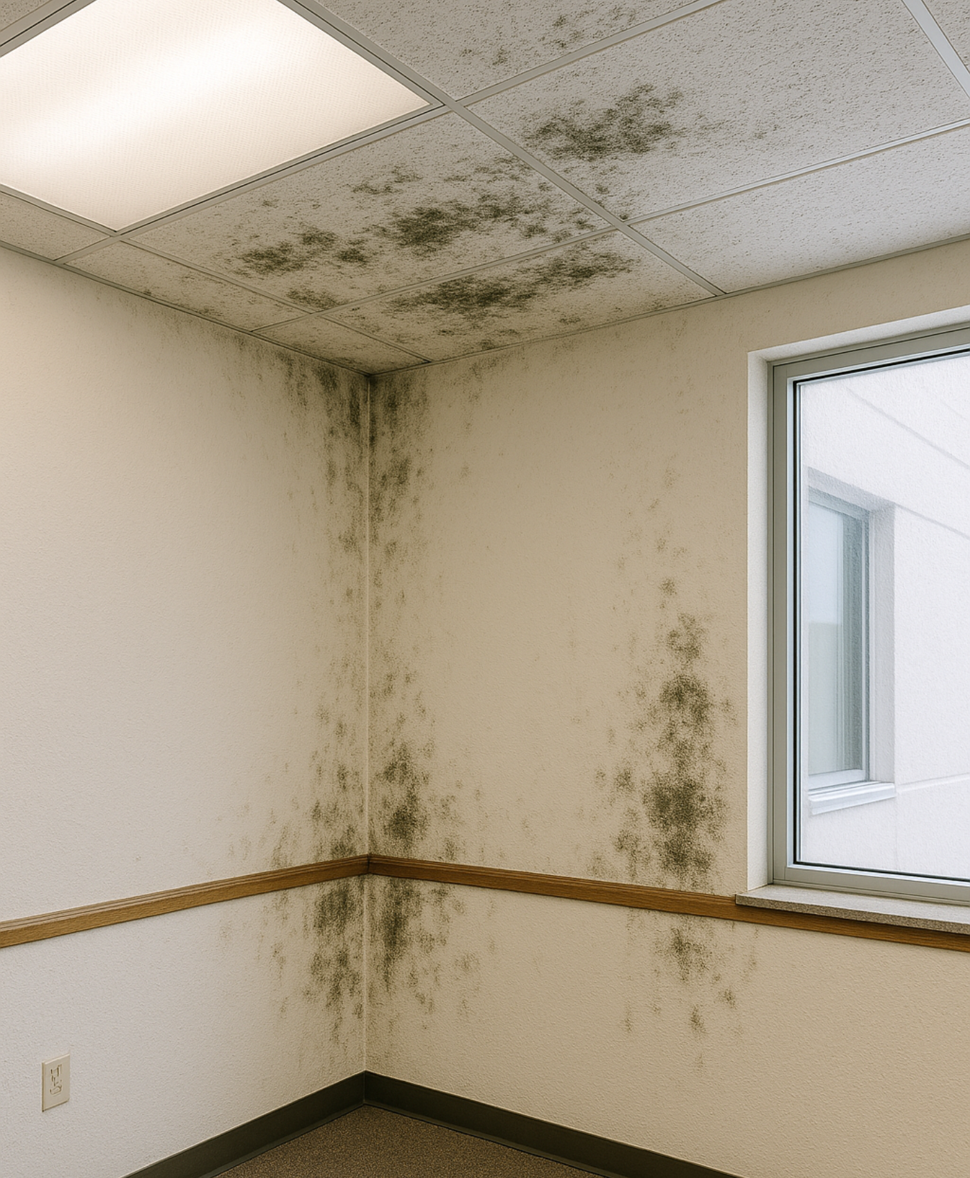 Commercial building with mold damage representing the need for fast, reliable mold remediation, restoration, and repair services from Wolf River Construction. commercial building with mold damage