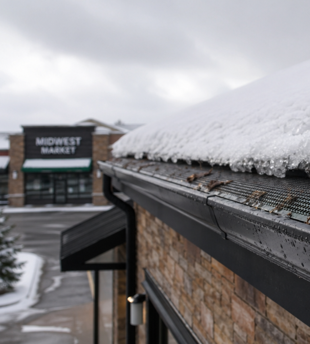 Debris-clogged mesh gutter guards on a Midwest commercial retail building in winter — commercial gutter protection installation by Wolf River Construction