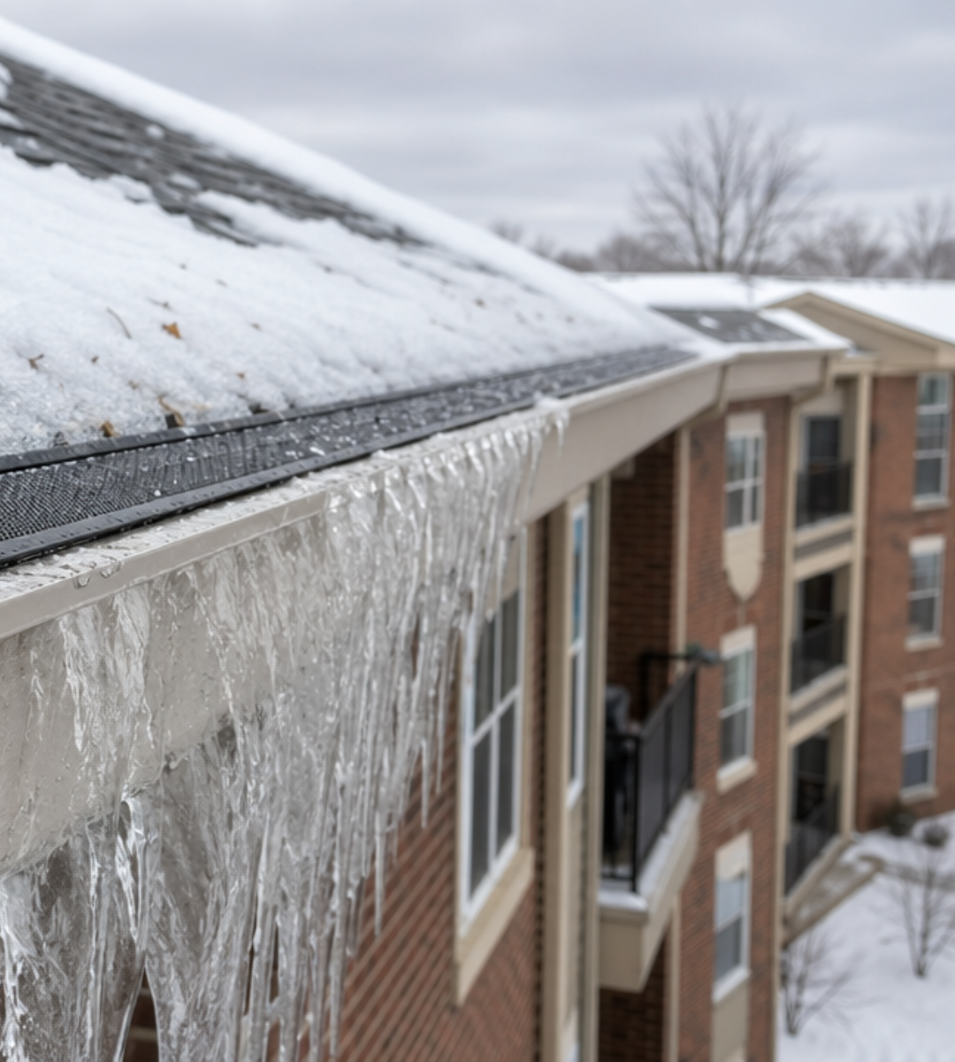 Severe ice overflow and icicles forming on unprotected gutters of a Midwest multi-family apartment building in winter — why commercial properties need professional gutter guard installation